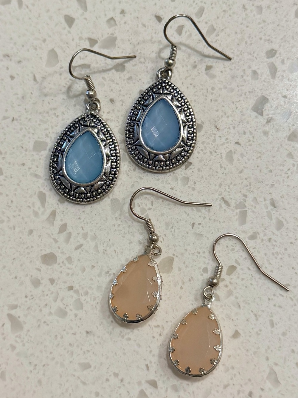 2-Pack Silver Teardrop Earrings with Blue and Peach Stones